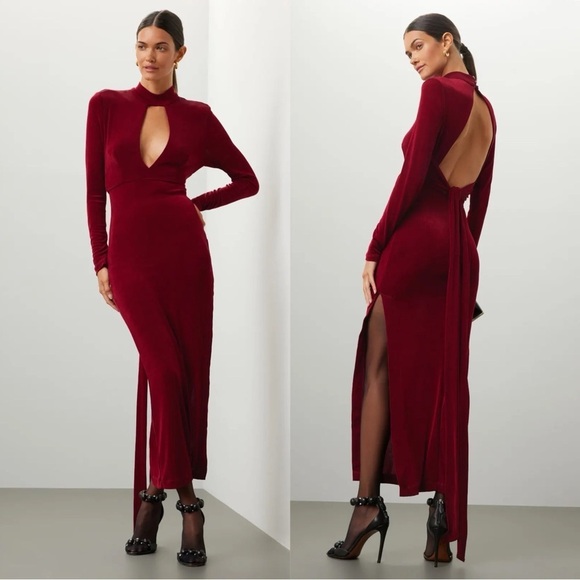 Bardot Maroon Burgundy Deep Red Ellis Plunge Keyhole Longsleeve Dress Sz L - Picture 1 of 11